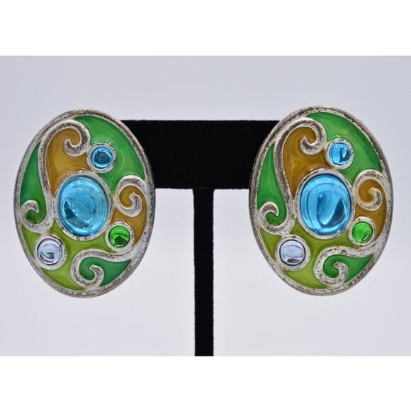 Givenchy Vintage Cabochon Clip On Earrings Blue Green Enamel Chunky Signed Bin8 - Picture 1 of 9